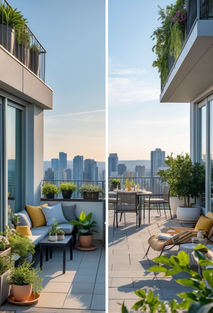Side-by-side view of a small balcony with cozy seating and plants next to a large balcony with dining furniture and lounge chairs, both overlooking a city.
