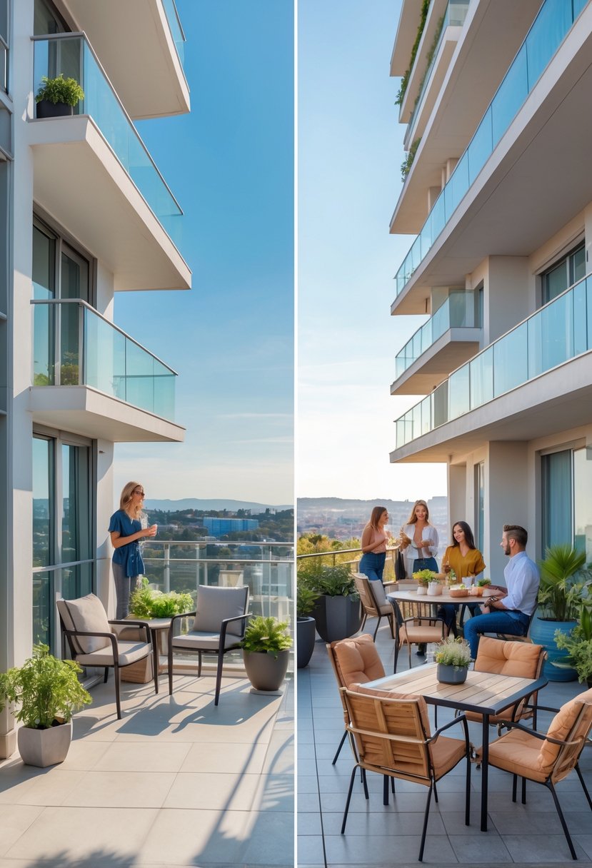Side-by-side view of a small balcony with two chairs and plants next to a large balcony with a dining table, lounge seating, and several people.