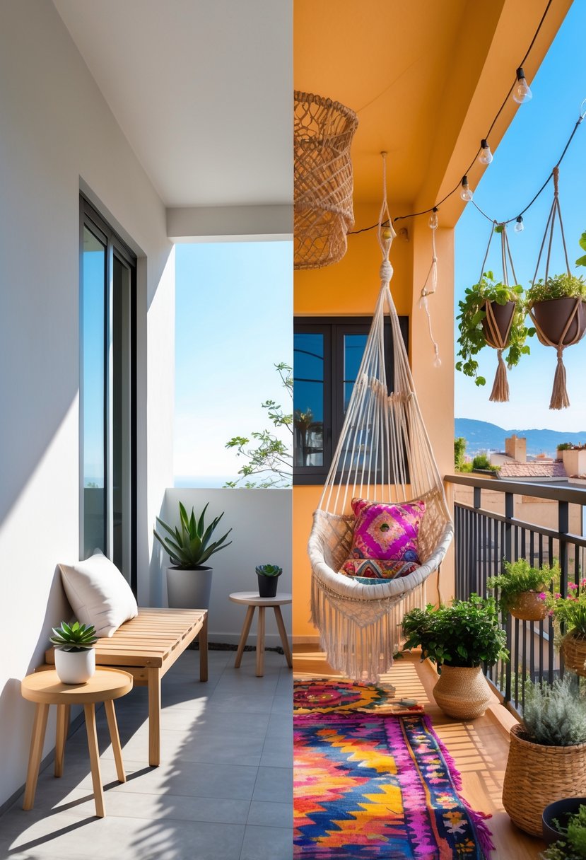 Two adjacent balconies side by side, one with simple furniture and neutral colors, the other decorated with colorful cushions, plants, and hanging decorations.