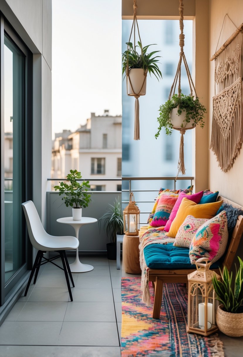 A balcony divided into two sections: one side with simple furniture and a single plant, the other side with colorful cushions, rugs, and hanging plants.