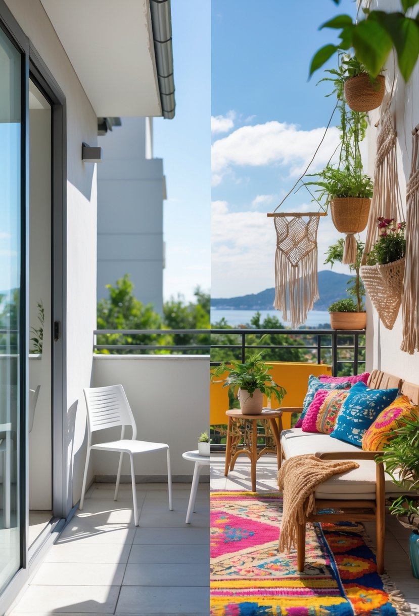 A split balcony scene showing two different outdoor seating areas, one simple and uncluttered, the other colorful and decorated with plants and textiles.