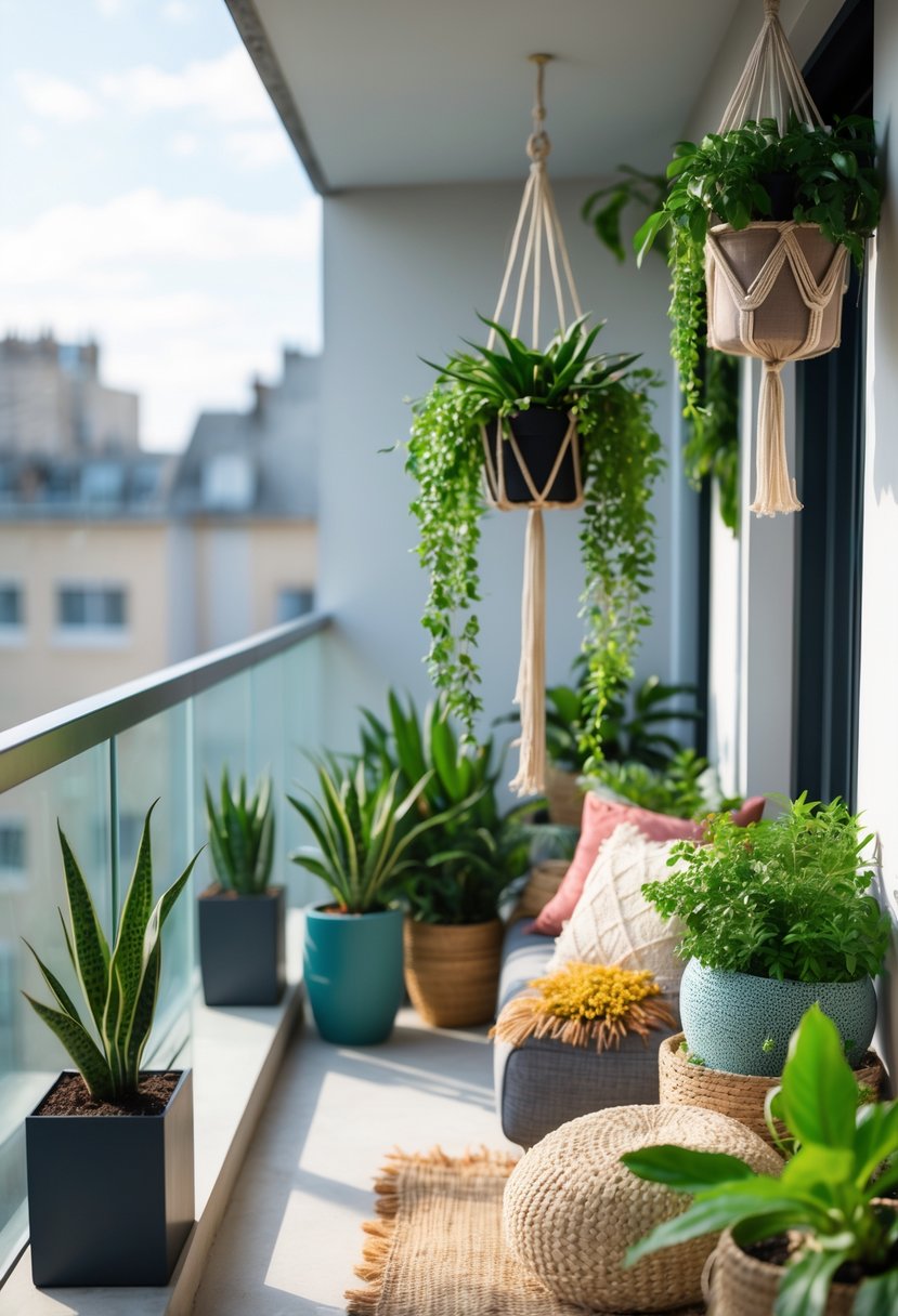 Two balconies side by side, one with a few simple green plants and the other filled with many colorful and leafy plants in various pots and hanging baskets.