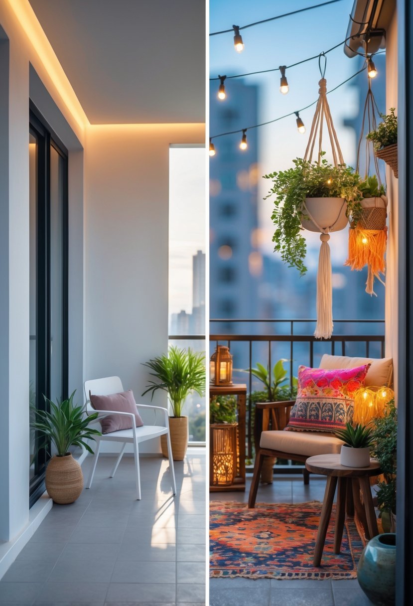 Two balconies side by side, one with simple furniture and neutral colors, the other with colorful cushions, plants, and decorative lights.