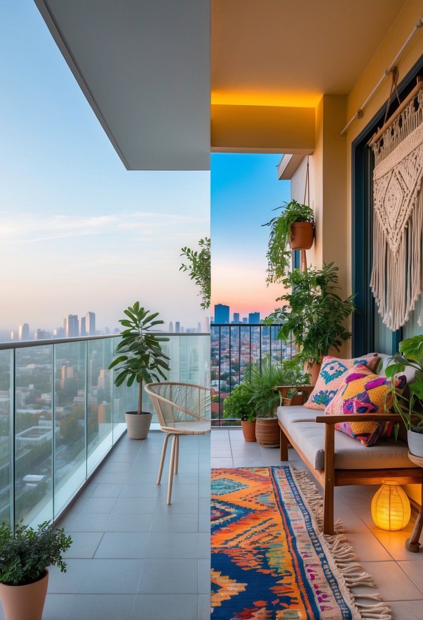 Two adjacent balconies side by side, one with simple modern furniture and minimal decor, the other filled with colorful cushions, plants, and decorative items.