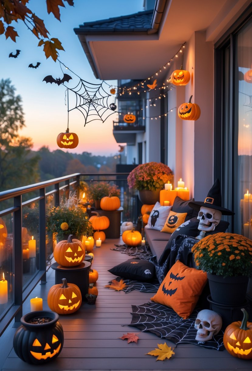 A balcony decorated with pumpkins, hanging ghosts and bats, spider webs, string lights, skulls, and autumn plants creating a festive Halloween scene.