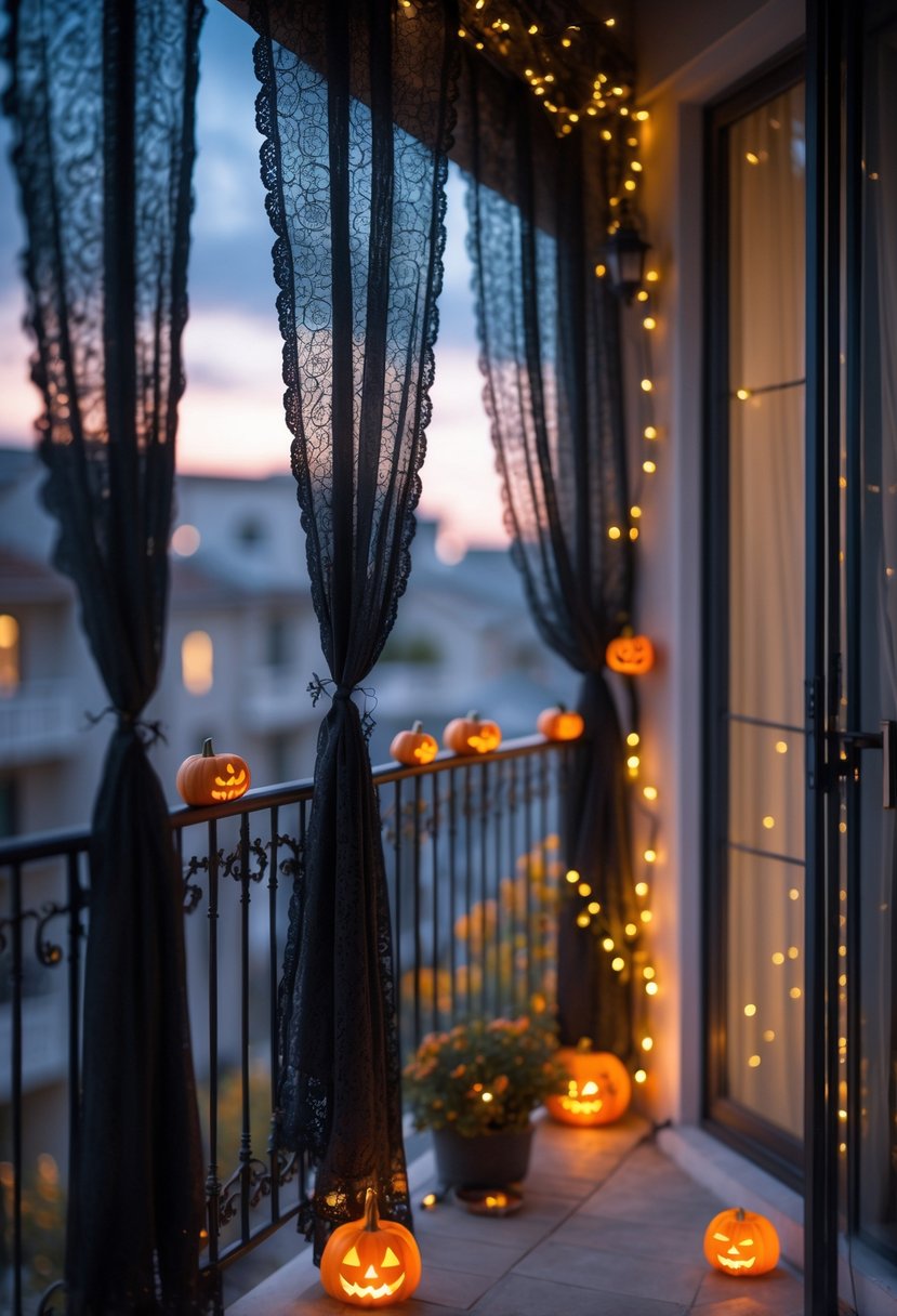A balcony with black lace curtains draped around the railings and Halloween decorations including pumpkins and lanterns.
