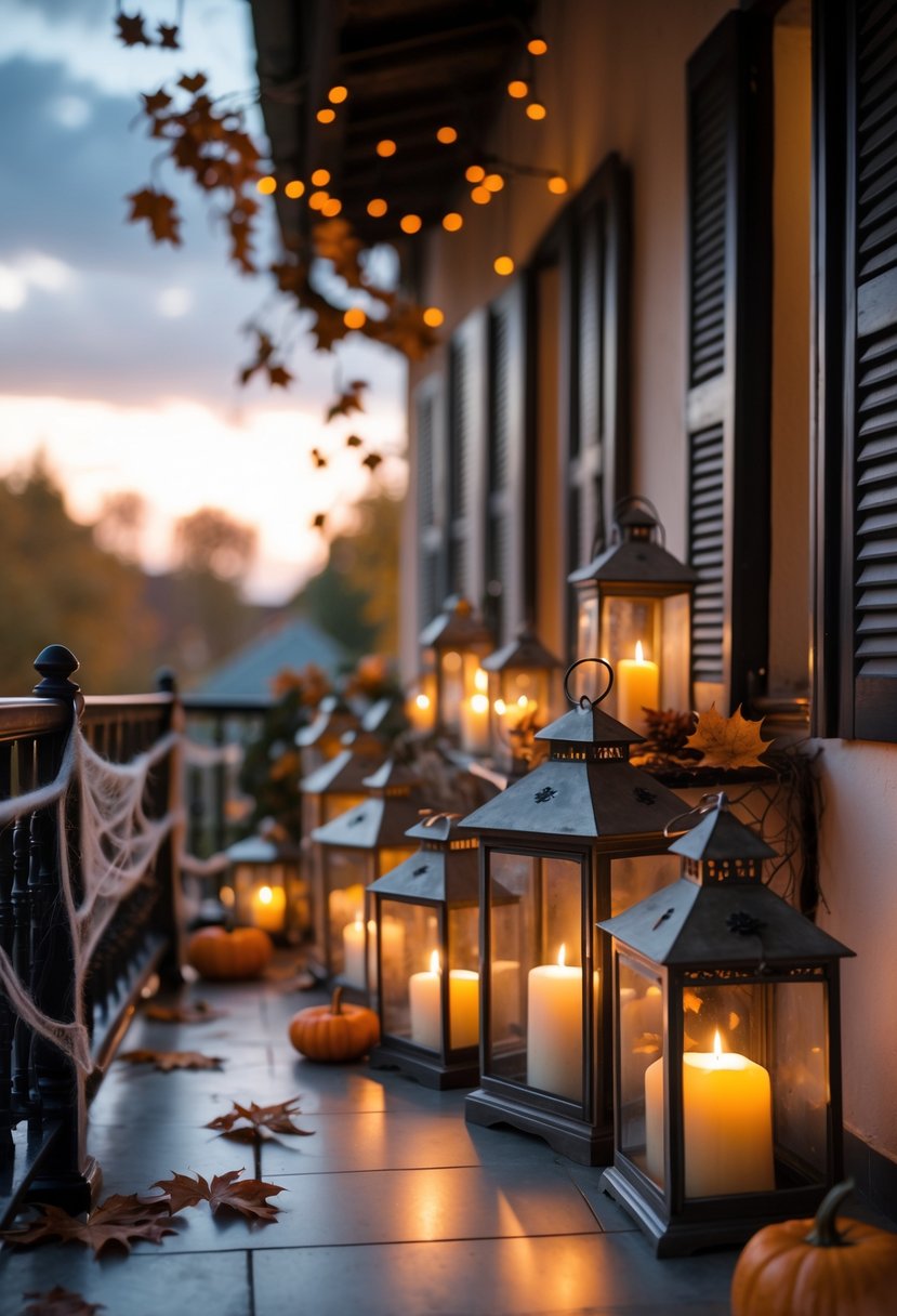 A balcony decorated with 15 vintage lanterns containing flickering LED candles and Halloween decorations like pumpkins and spider webs.