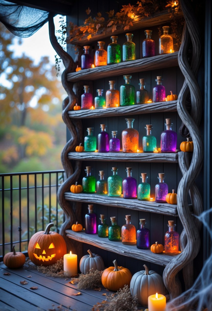 Potion bottles arranged on twisted wooden shelves with Halloween decorations on a balcony.