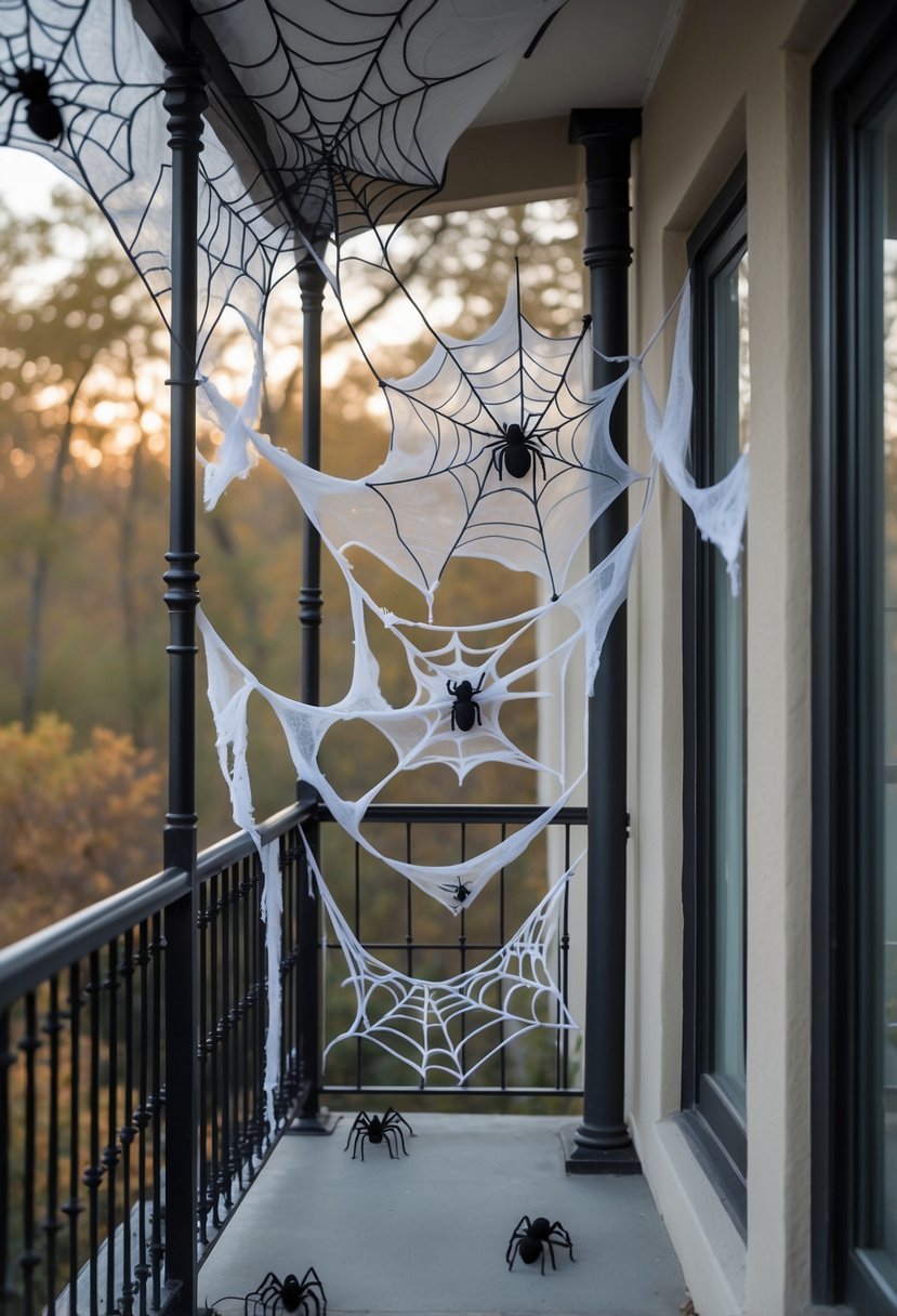 A balcony decorated with spider webs hanging in the corners and along the railings for Halloween.