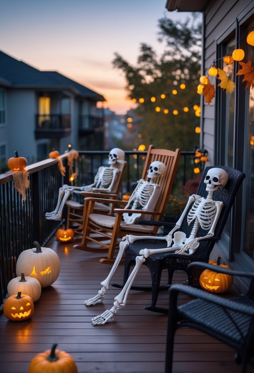 Skeleton figurines relaxing on chairs on a decorated balcony with Halloween decorations including pumpkins, string lights, and autumn leaves during early evening.