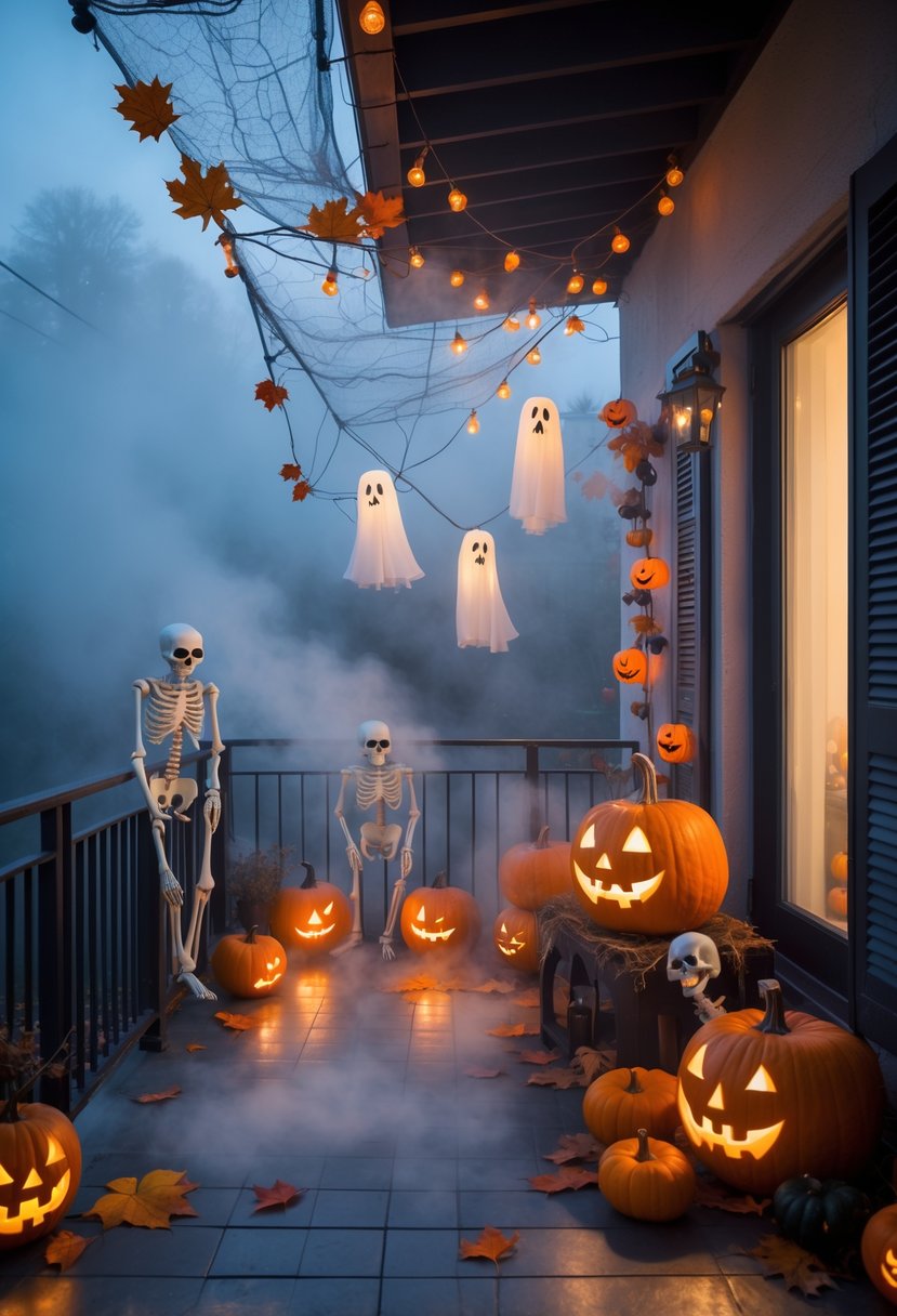 A balcony decorated with pumpkins, ghosts, skeletons, cobwebs, and glowing lights with fog covering the floor and railing creating a spooky Halloween scene.