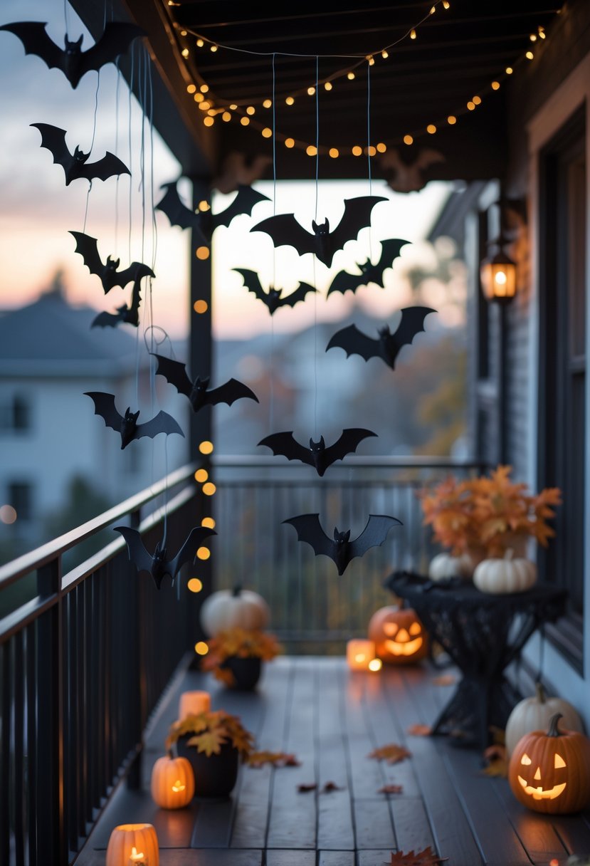 A balcony decorated for Halloween with faux bats and ravens hanging from the ceiling and various seasonal decorations.