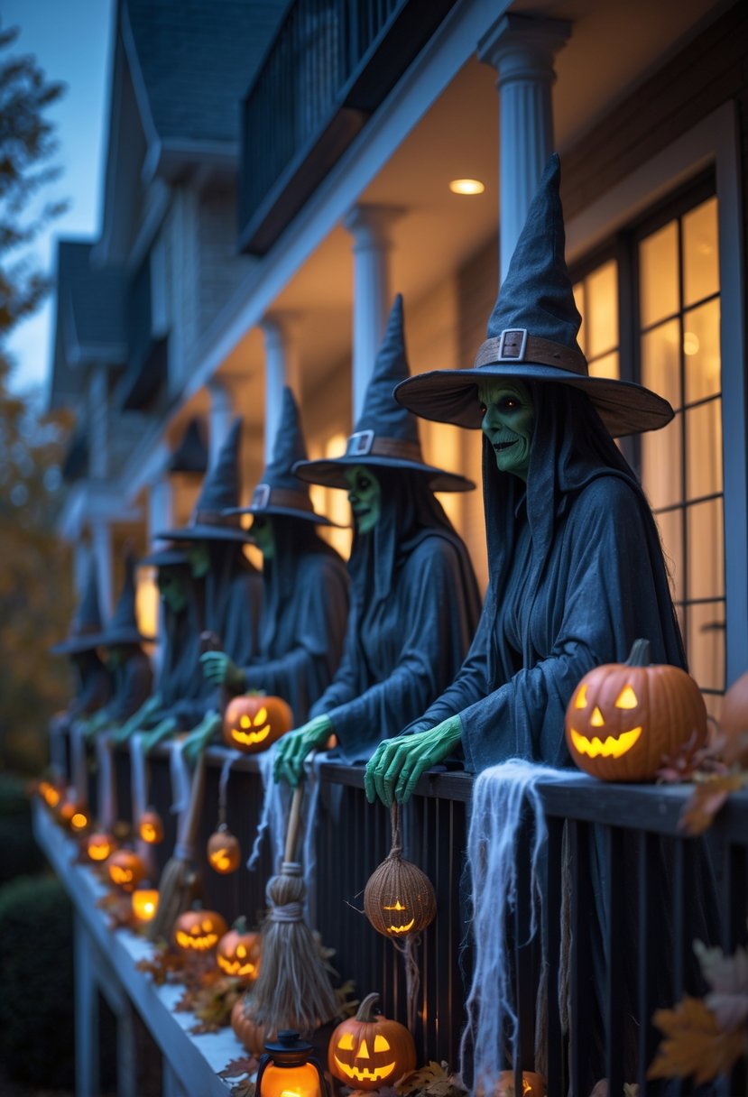 A nighttime scene showing 15 life-sized witch statues arranged on balconies decorated for Halloween with pumpkins, lanterns, and cobwebs.