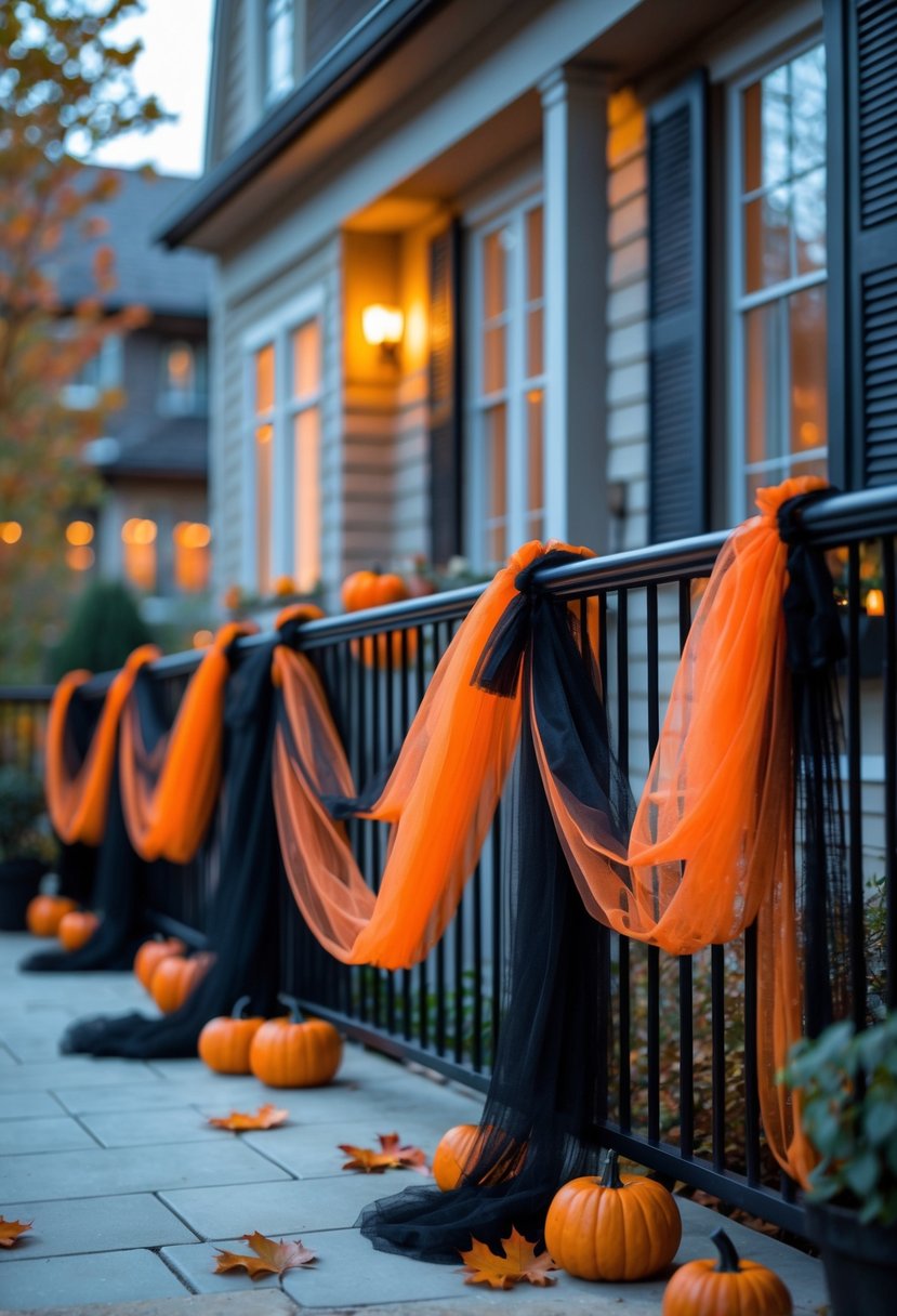 Balcony railings wrapped with black and orange tulle fabric decorated for Halloween with pumpkins and autumn leaves.