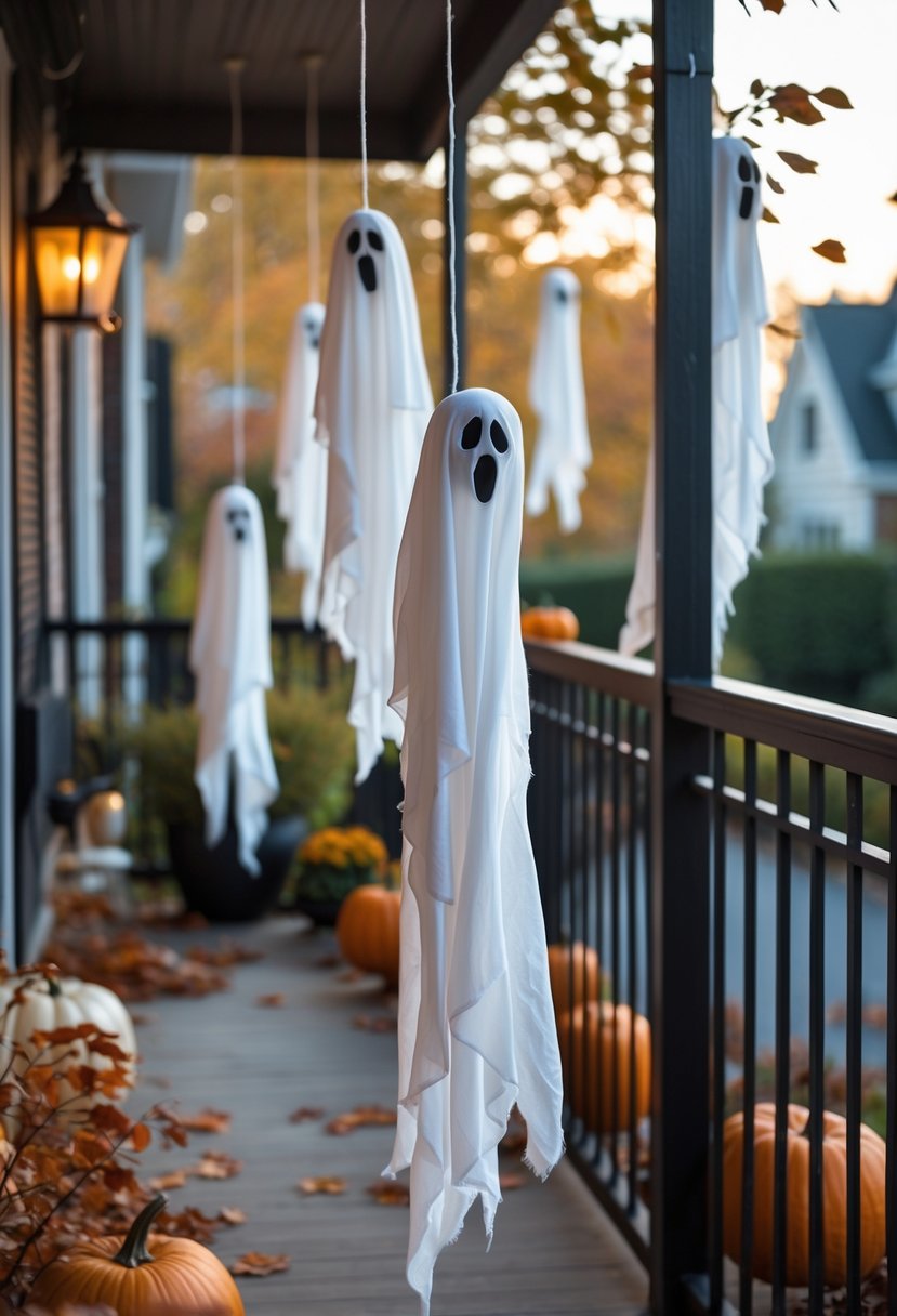 White fabric ghost decorations hanging and swaying on a balcony with autumn decor.