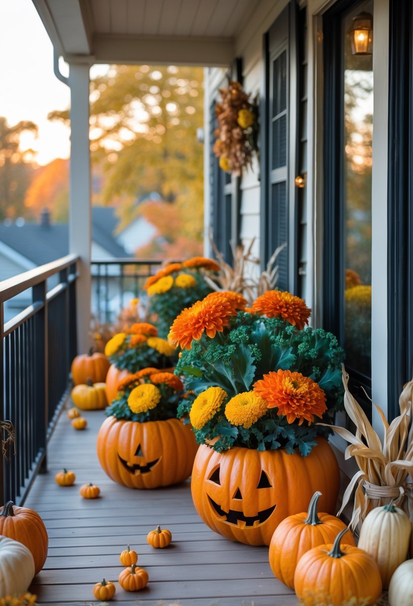A balcony decorated with pumpkin-shaped planters filled with colorful fall flowers and small autumn decorations.