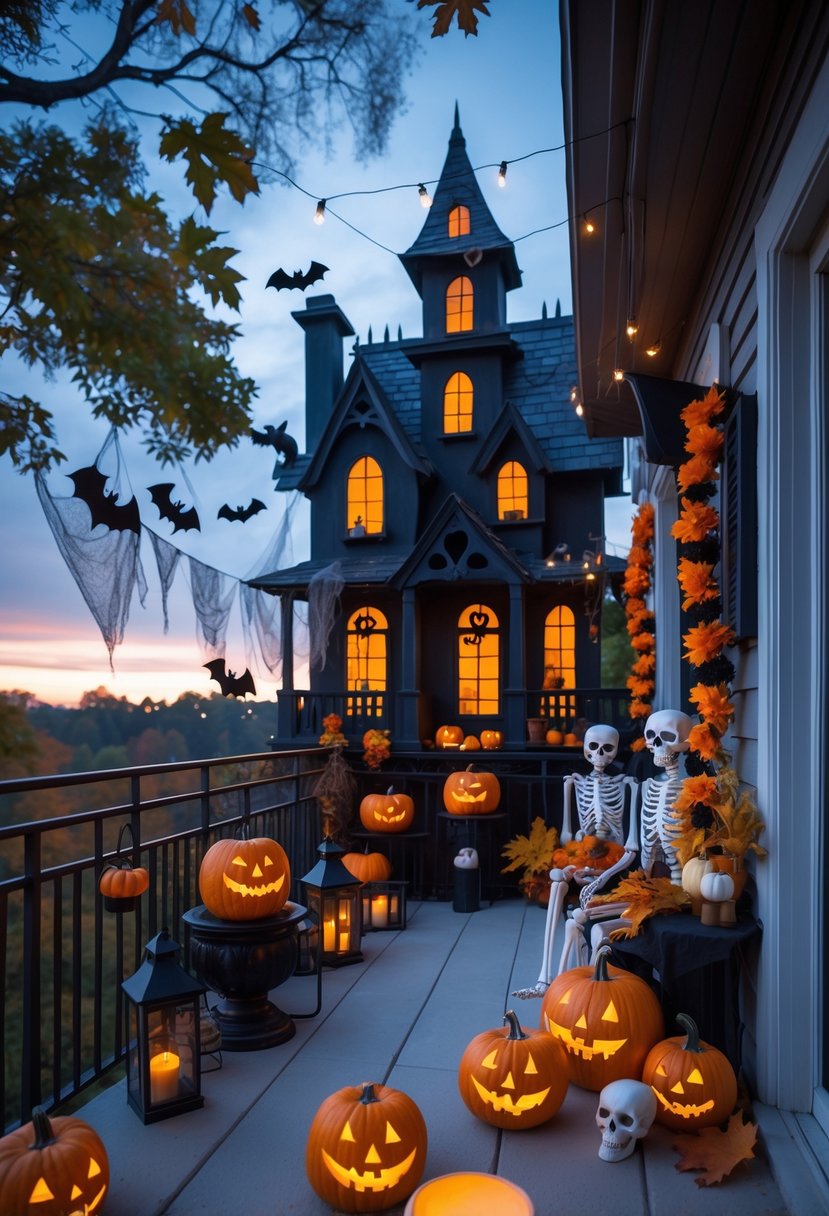 A balcony decorated for Halloween with a large haunted house silhouette backdrop and various spooky decorations including pumpkins, cobwebs, string lights, and skeletons.