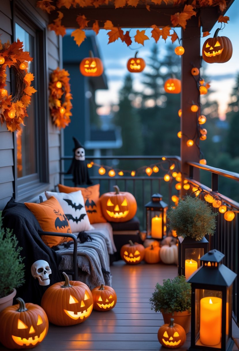 A balcony decorated with glowing carved pumpkins, hanging lanterns, fairy lights, autumn wreaths, themed cushions, and Halloween props like black cats and spider webs.