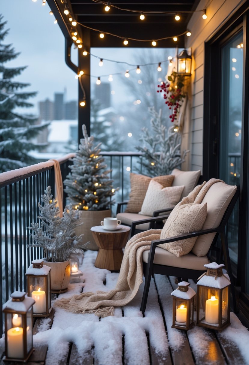 17 Cozy Winter Balcony Ideas That Will Make You Never Want to Leave 2 A winter balcony decorated with cozy blankets, cushions, string lights, potted evergreen plants, and lanterns with candles, dusted with snow and overlooking a snowy outdoor scene.