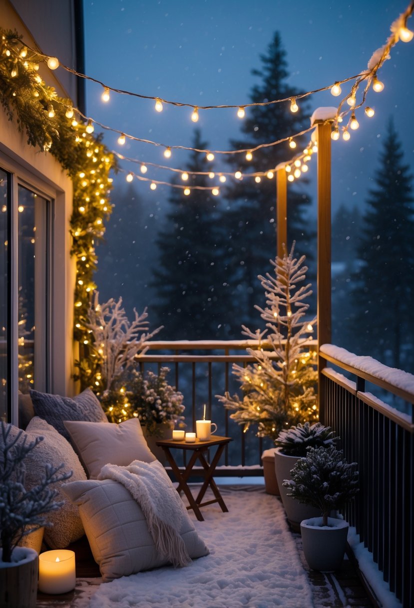 17 Cozy Winter Balcony Ideas That Will Make You Never Want to Leave 3 A winter balcony at dusk decorated with twinkling fairy lights, cozy blankets, plants, and a small table with a cup and candle.