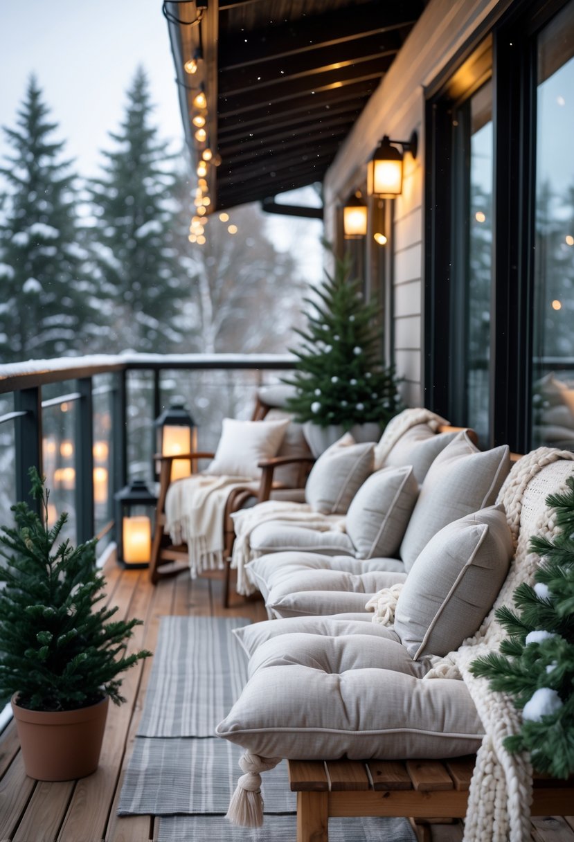 17 Cozy Winter Balcony Ideas That Will Make You Never Want to Leave 4 A winter balcony with weather-resistant outdoor cushions on wooden seating, surrounded by blankets, plants, and soft lighting, with snow visible outside.