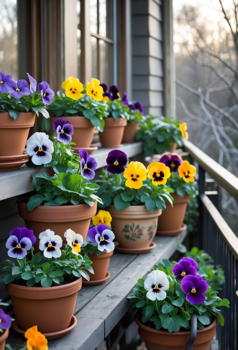17 Cozy Winter Balcony Ideas That Will Make You Never Want to Leave 6 A winter balcony with pots of colorful pansies and violas arranged on shelves and railings.