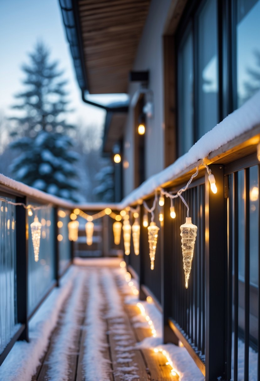 17 Cozy Winter Balcony Ideas That Will Make You Never Want to Leave 7 A winter balcony with icicle LED lights hanging around the wooden railing and light snow on the floor and railing.