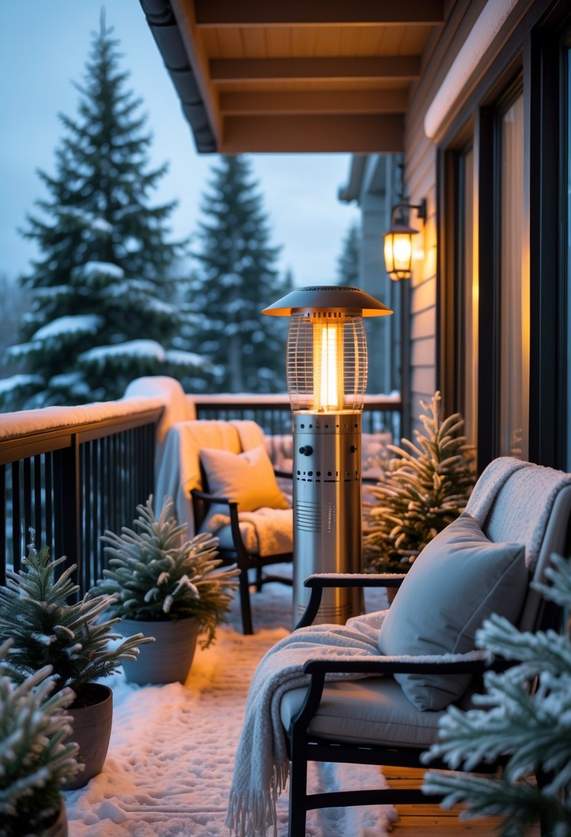 17 Cozy Winter Balcony Ideas That Will Make You Never Want to Leave 8 A winter balcony with a small propane patio heater surrounded by chairs, blankets, and potted plants with snow on the railing.