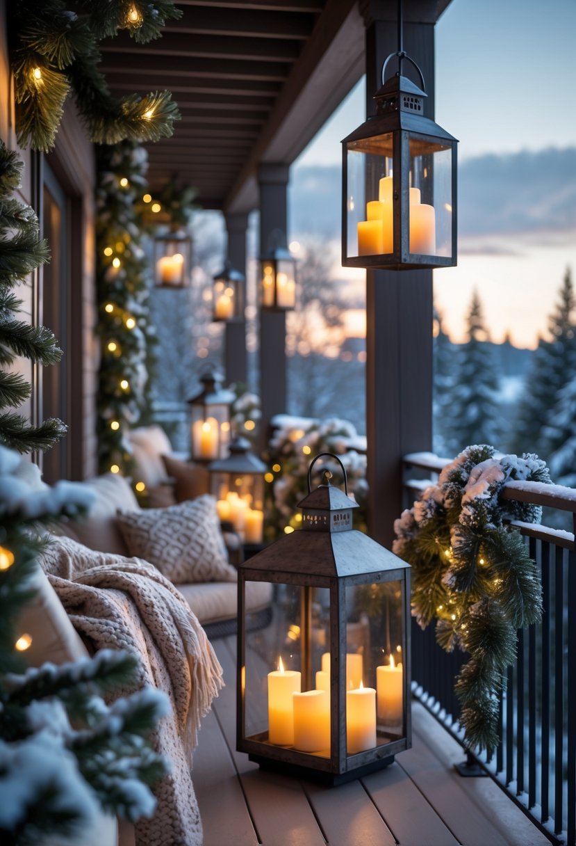 17 Cozy Winter Balcony Ideas That Will Make You Never Want to Leave 10 A winter balcony with hanging outdoor lanterns glowing with battery candles and decorated with pine garlands and blankets.