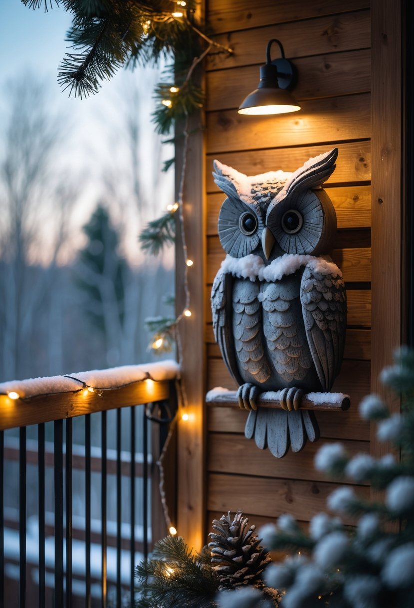 17 Cozy Winter Balcony Ideas That Will Make You Never Want to Leave 12 Decorative owl sign on a wooden wall of a winter balcony with snow, pinecones, and evergreen branches.