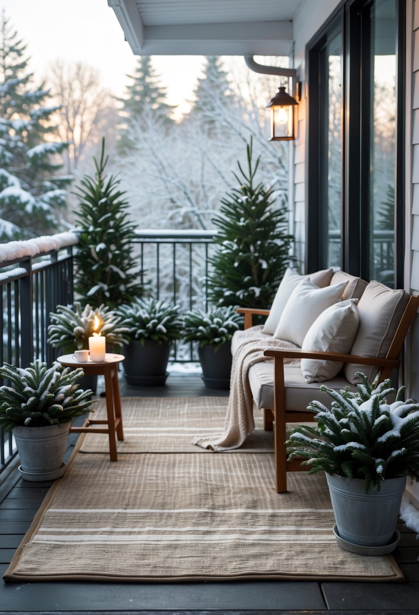 17 Cozy Winter Balcony Ideas That Will Make You Never Want to Leave 13 A winter balcony with weatherproof rugs, cushions, blankets, potted plants, and a small table with a cup and candle, overlooking a snowy landscape.