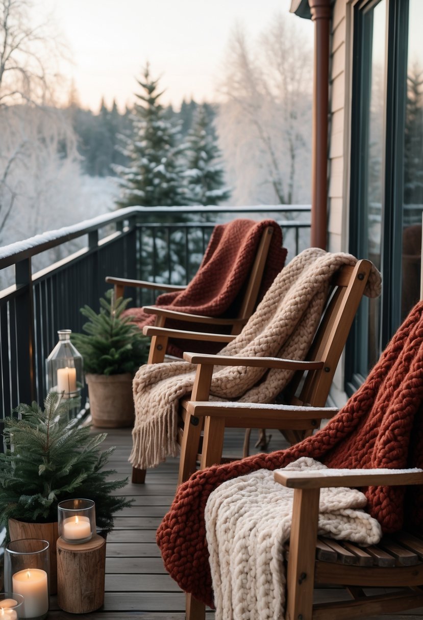 17 Cozy Winter Balcony Ideas That Will Make You Never Want to Leave 16 A winter balcony with wooden chairs covered in thick wool blankets, overlooking a snowy landscape with evergreen plants and candles.
