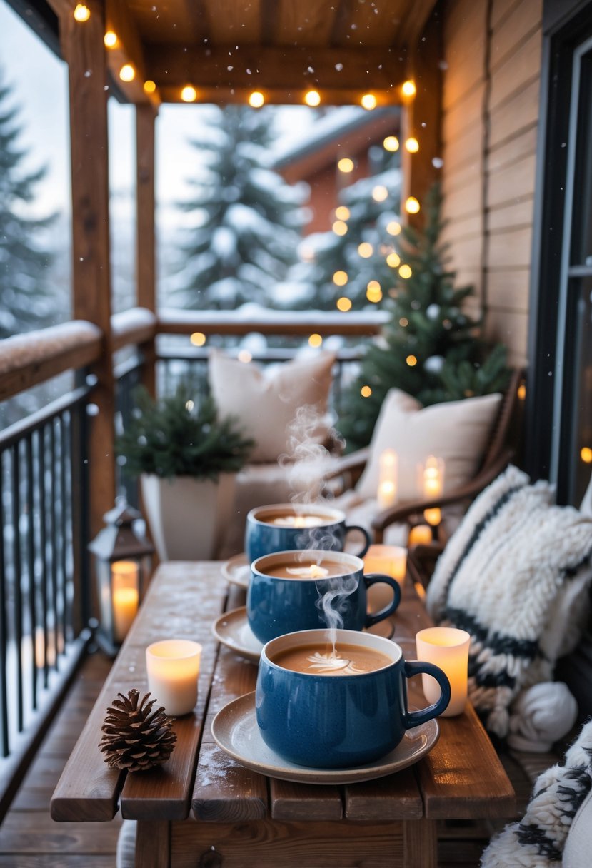 17 Cozy Winter Balcony Ideas That Will Make You Never Want to Leave 17 A winter balcony with large ceramic mugs of hot drinks on a wooden table, surrounded by blankets, cushions, and winter decorations.