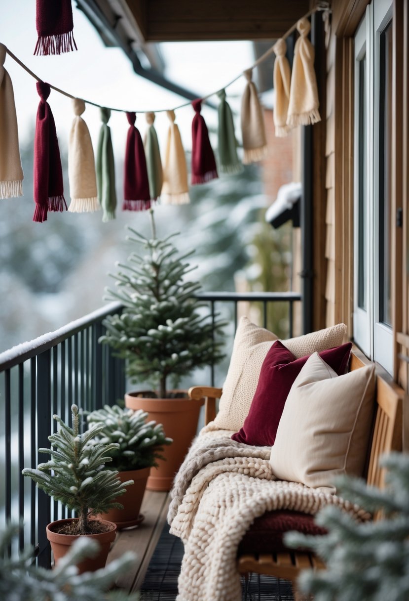 17 Cozy Winter Balcony Ideas That Will Make You Never Want to Leave 18 A winter balcony decorated with cozy fabric bunting, cushions, and potted evergreen plants with a snowy background.