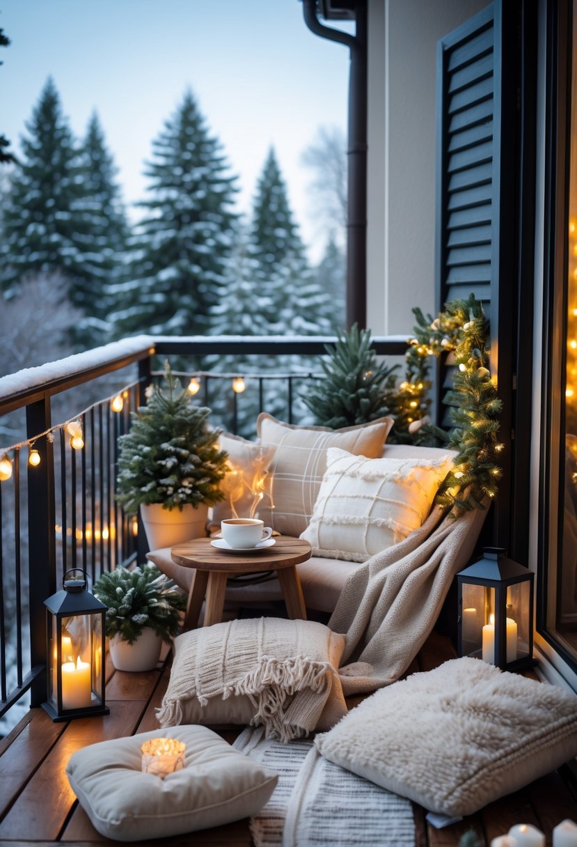 17 Cozy Winter Balcony Ideas That Will Make You Never Want to Leave 20 A cozy winter balcony with cushions, blankets, plants, and warm lighting overlooking a snowy scene.