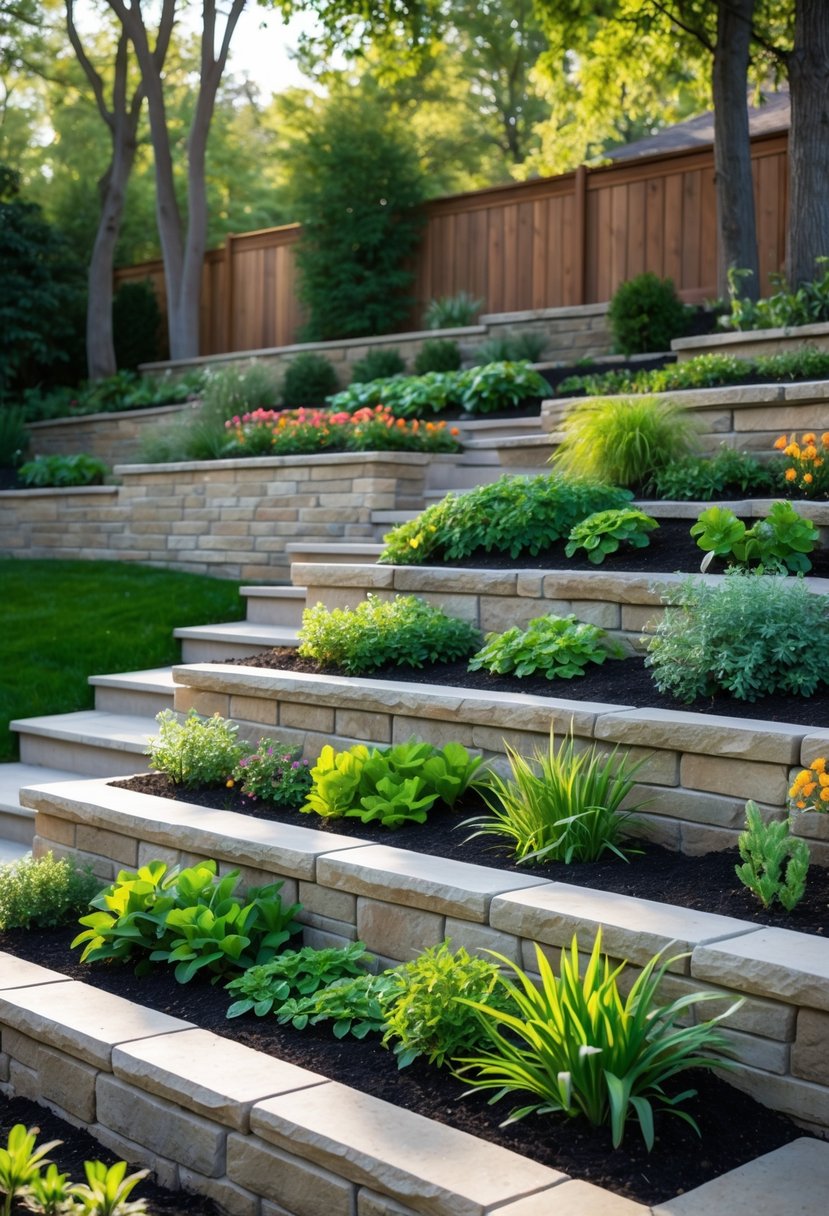 A backyard with tiered garden beds on a sloped yard, featuring stone retaining walls and various plants and flowers arranged on multiple levels.
