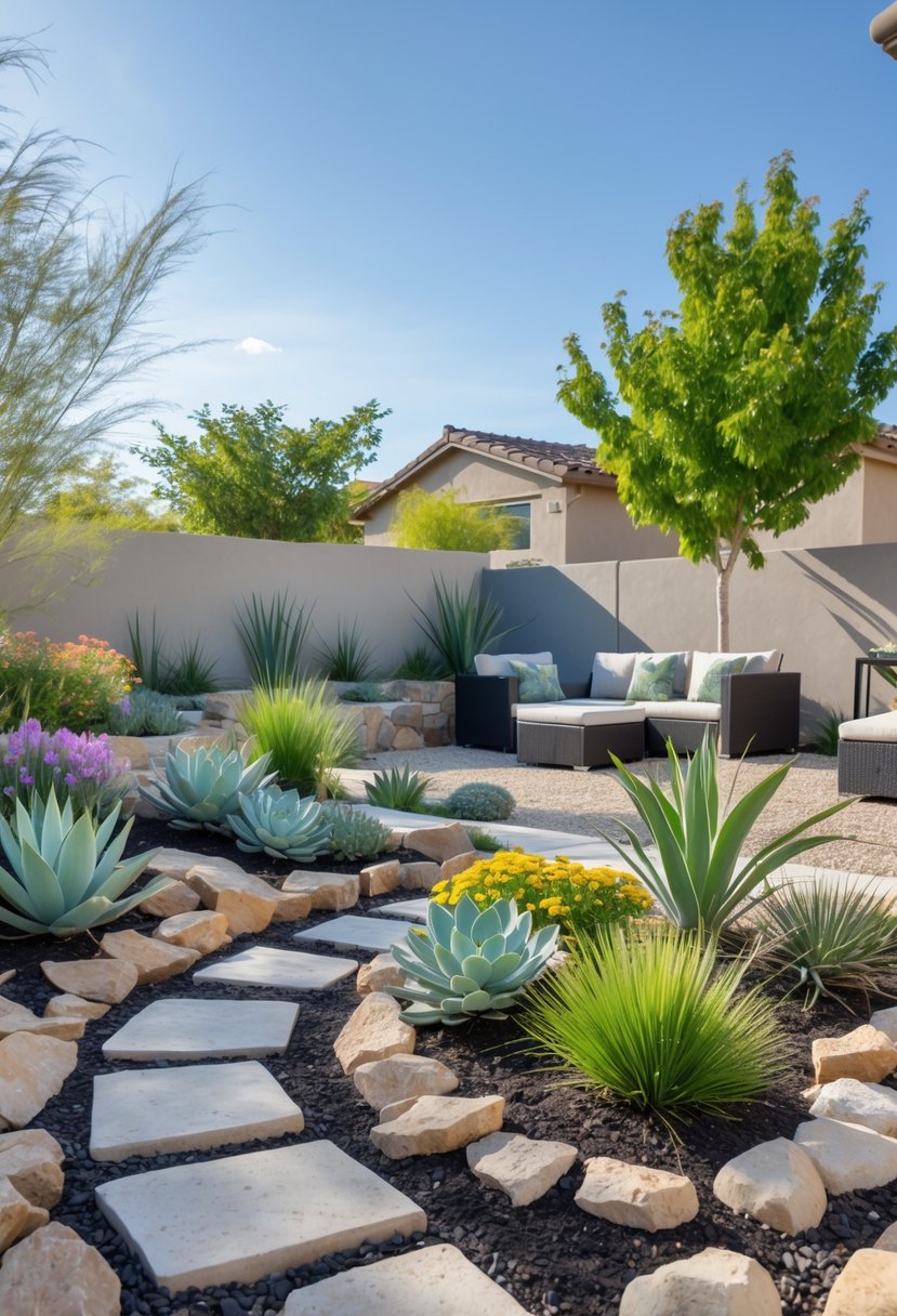 Backyard with drought-tolerant native plants, stone pathways, and gravel beds under a clear sky.