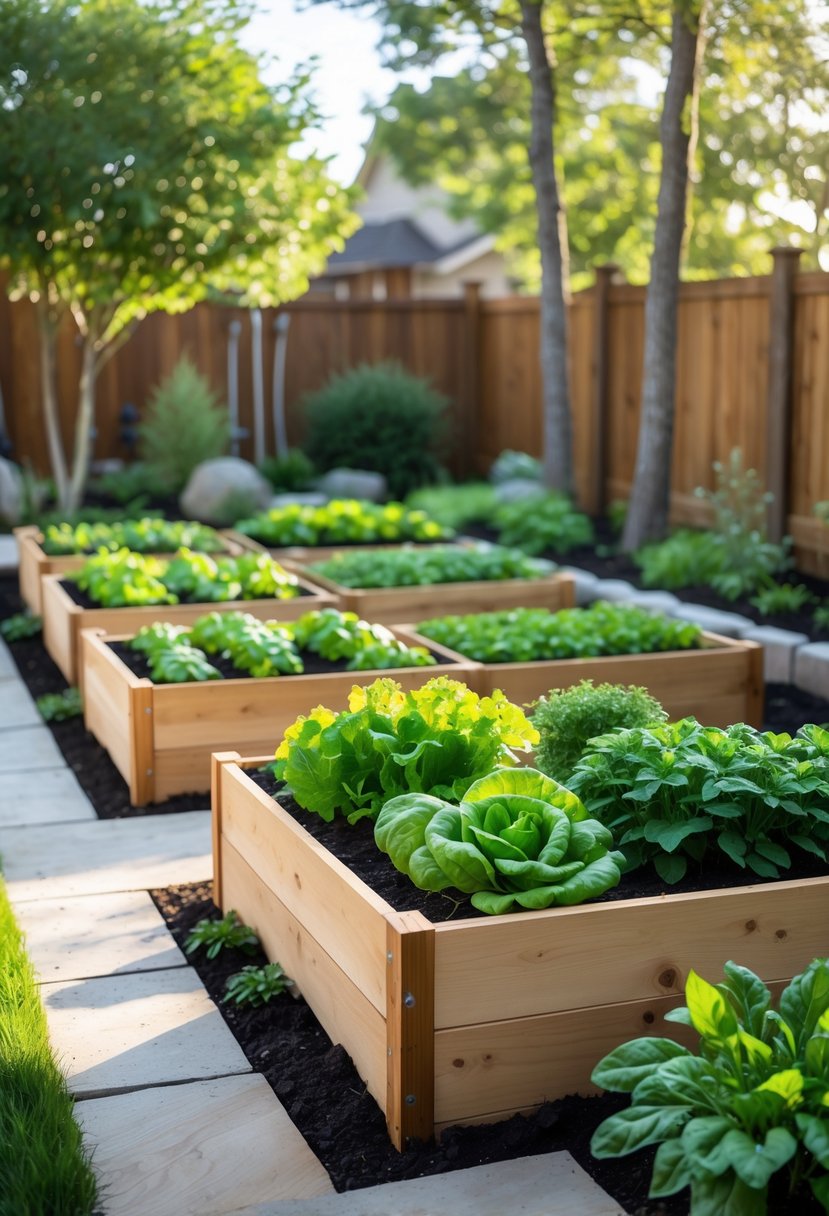 Backyard with raised wooden vegetable garden boxes filled with various green vegetables, surrounded by grass, stone pathways, and trees.