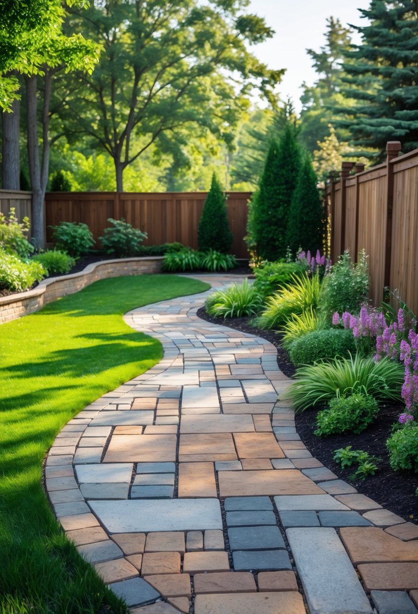 A backyard pathway made of mixed pavers winding through a garden with grass, plants, and trees.