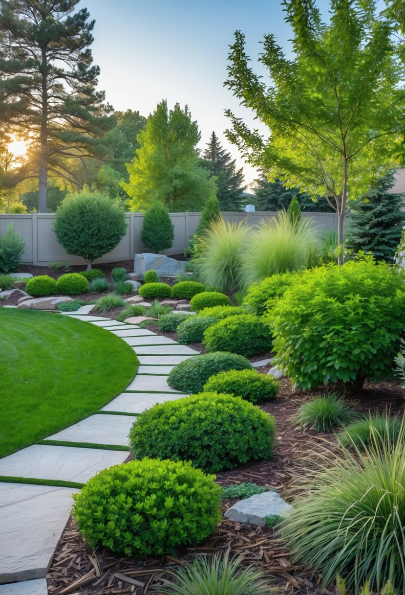 A backyard garden with green native shrubs, stone pathways, and a well-kept lawn under a clear sky.
