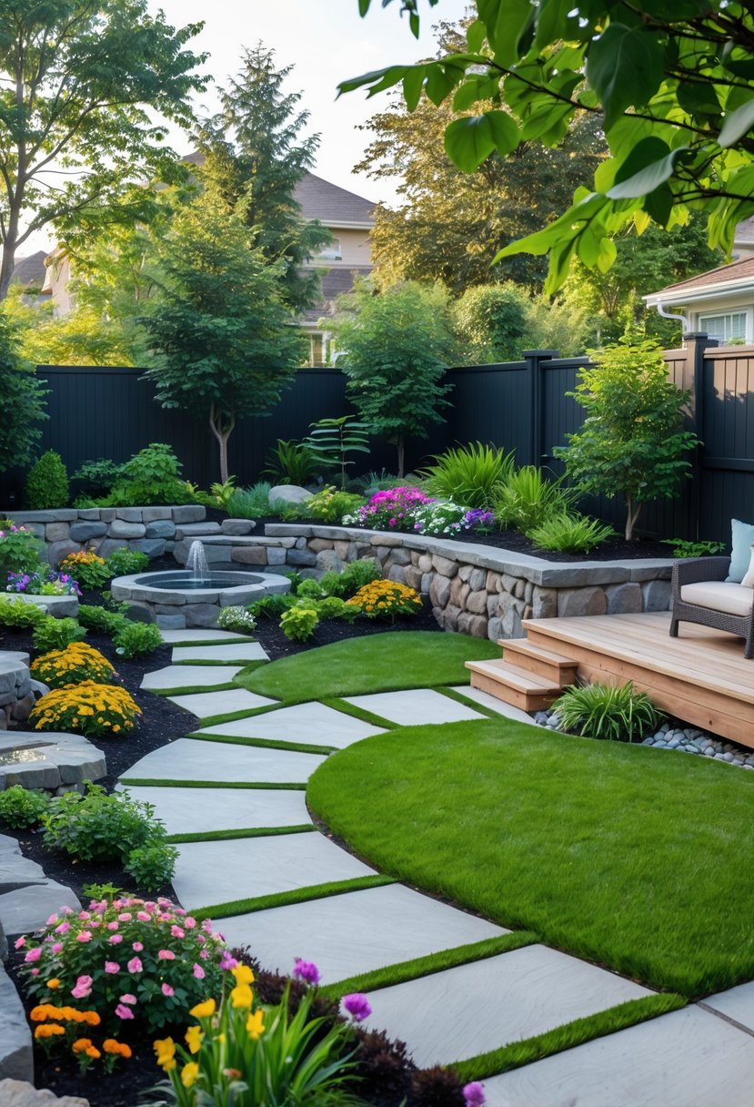 A backyard with a lawn, stone pathway, flower beds, wooden deck with seating, a water feature, garden lighting, and green trees and shrubs.
