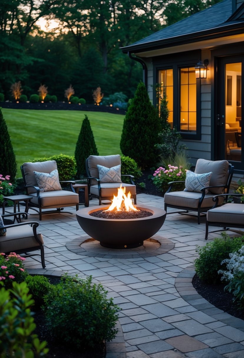 Backyard patio with a stone fire pit surrounded by chairs and plants.