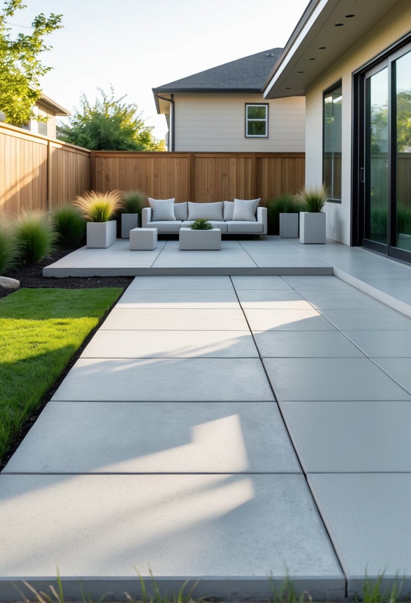Backyard patio with a large concrete slab surface, outdoor furniture, green grass, and plants under natural sunlight.