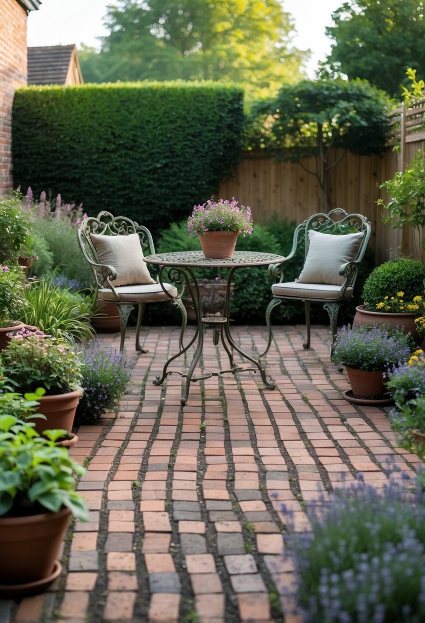 A backyard patio with brick flooring, vintage garden furniture, and surrounding plants and flowers.