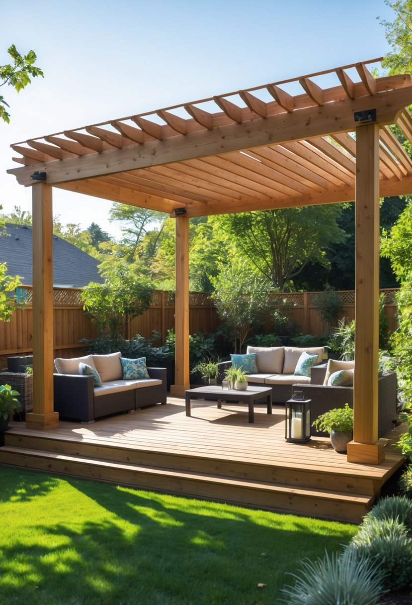 A wooden deck patio with a pergola cover surrounded by a green backyard and outdoor furniture.