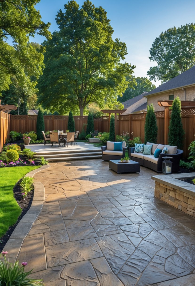 Backyard patio with stone-like stamped concrete surrounded by green grass, flowers, outdoor furniture, and trees under a clear sky.