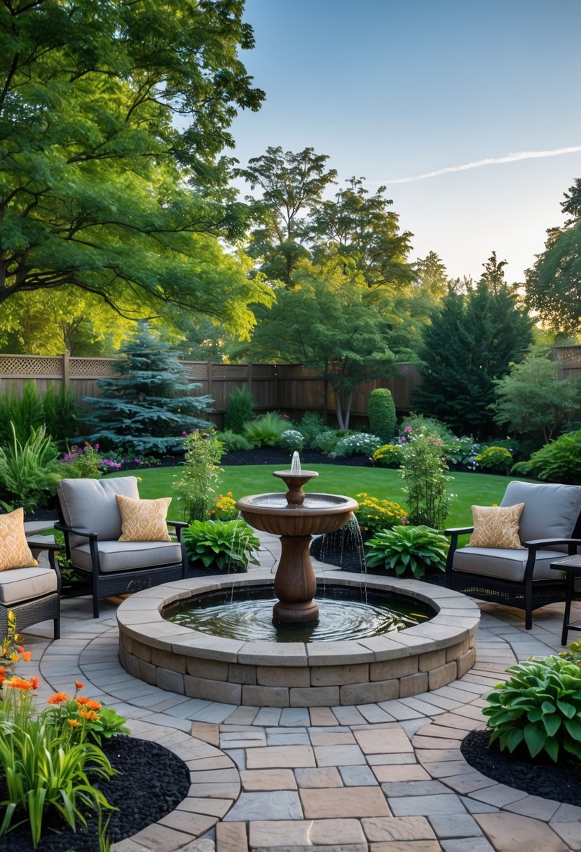 A round backyard patio with a central fountain surrounded by seating and plants.