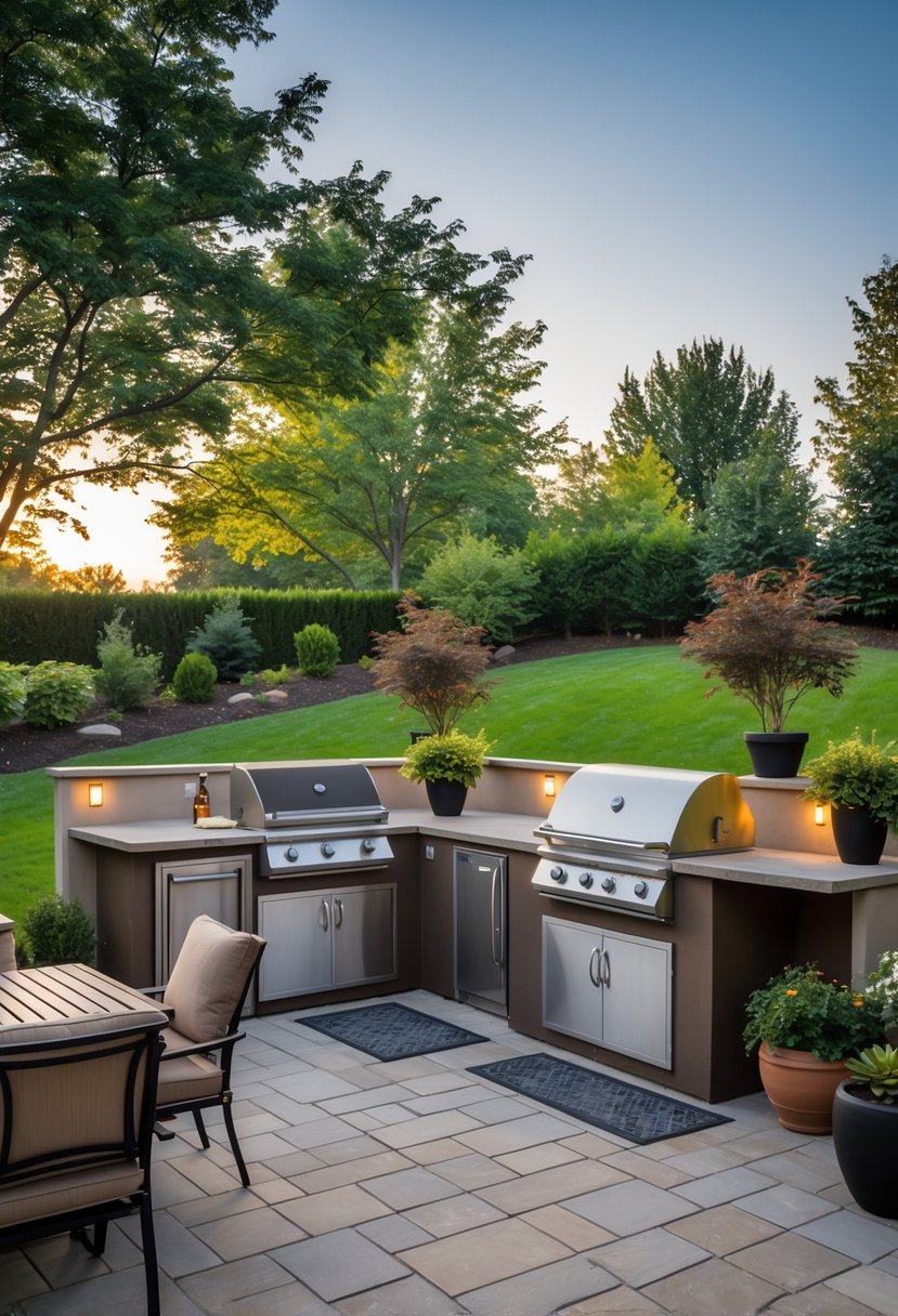 Outdoor kitchen patio with built-in grill station, seating, and garden in the background.