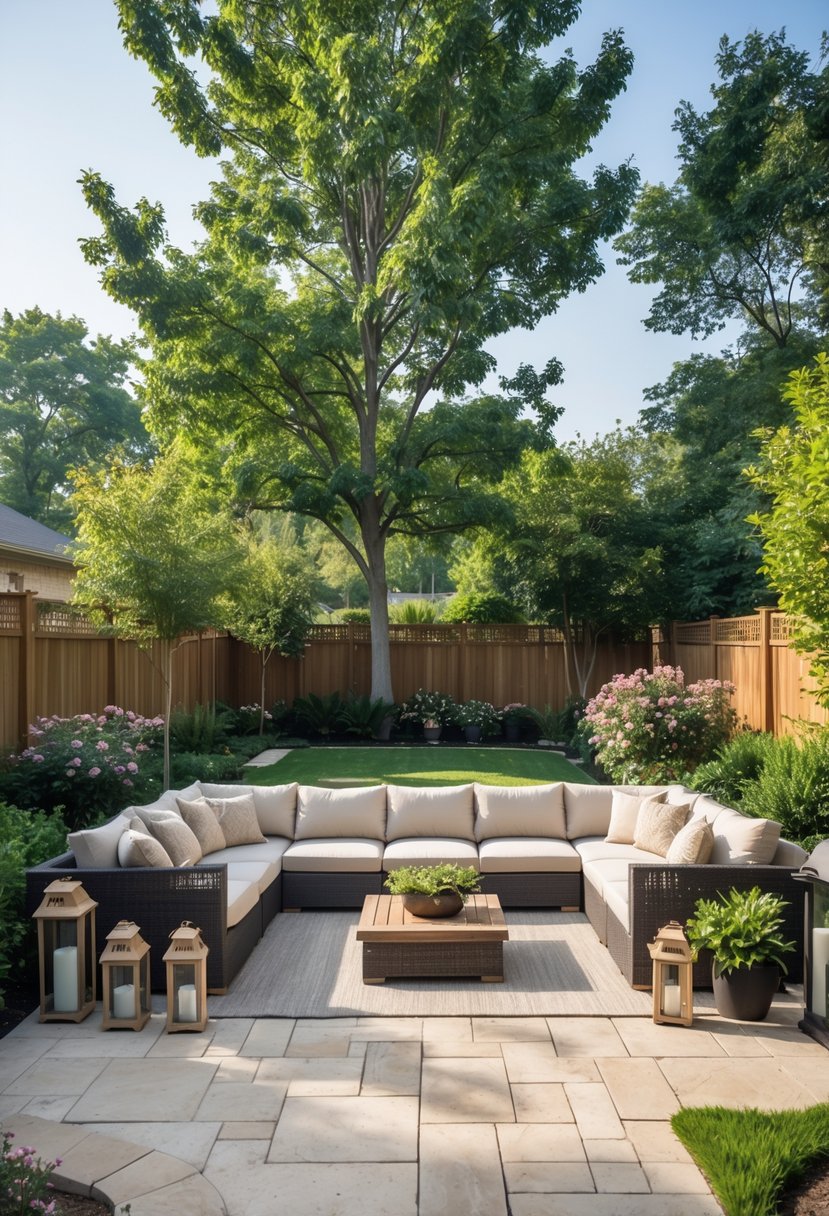 A large backyard patio with a sectional outdoor sofa surrounded by plants and a stone tile floor.