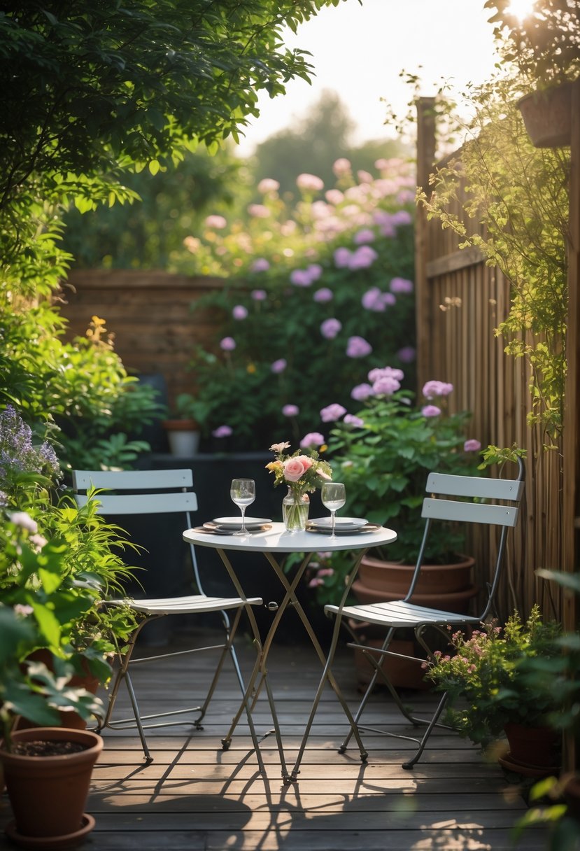 Small backyard patio with a bistro table and two chairs surrounded by plants.